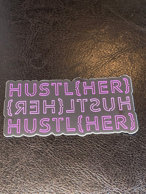 HUSTL{HER} written in 3 rows; second row backwards